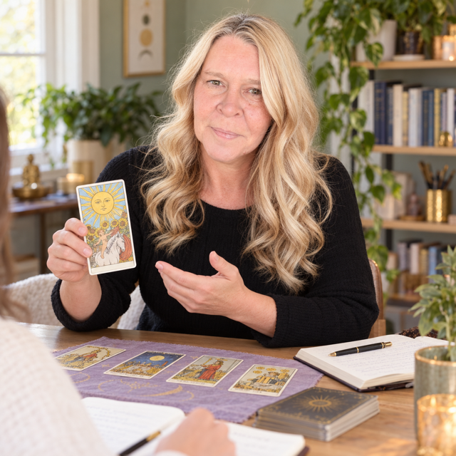 Angela Doyle demonstrating a tarot card during a lesson at Chloe’s Dream Academy